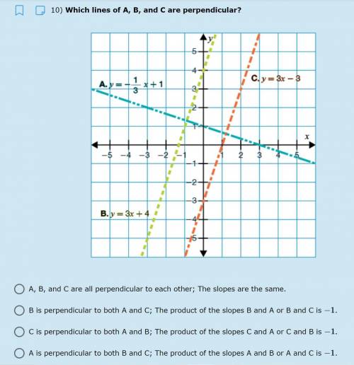 Which lines of A, B, and C are perpendicular?