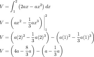 \displaystyle V = \int_{1}^{2}\left(2ax - ax^2\right)dx\\\\\displaystyle V = \left(ax^2 - \frac{1}{3}ax^3\right)\Bigg|_{1}^{2}\\\\\displaystyle V = \left(a(2)^2 - \frac{1}{3}a(2)^3\right) - \left(a(1)^2 - \frac{1}{3}a(1)^3\right)\\\\\displaystyle V = \left(4a - \frac{8}{3}a\right)-\left(a - \frac{1}{3}a\right)\\\\