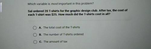 Which variable is most important in this problem? Sal ordered 20 T-shirts for the graphic design cl