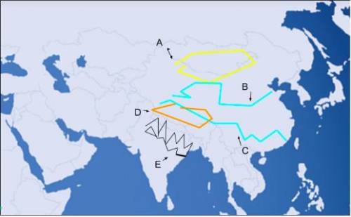 Using the map below, match the following geographical landmarks with the corresponding letter.

Co