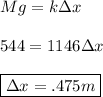 Mg = k\Delta x\\\\544 = 1146\Delta x\\\\\boxed{\Delta x= .475 m}