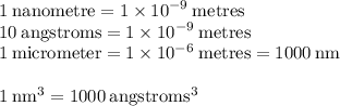 { \rm{1 \:nanometre = 1 \times  {10}^{ - 9}  \: metres} } \\ { \rm{10 \: angstroms = 1 \times  {10}^{ - 9}  \: metres}} \\ { \rm{1 \: micrometer = 1 \times  {10}^{ - 6}  \: metres = 1000 \: nm}} \\  \\ { \rm{1 \:  {nm}^{3}  = 1000 \:  {angstroms}^{3} }}