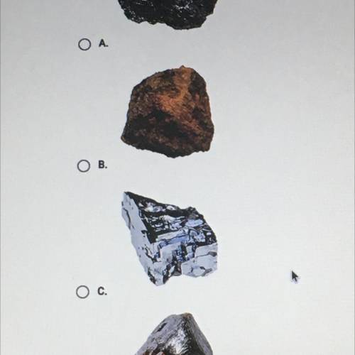 Garnet has a glassy luster. Which mineral sample is most likely garnet?