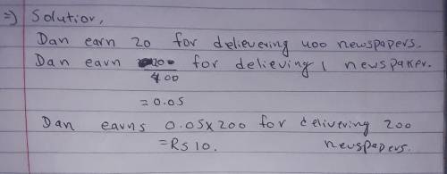.Dan earns R20 for delivering 400 newspapers. a How much does he earn for delivering one newspaper?