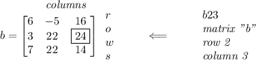 \qquad\qquad \textit{columns}\\ b=\begin{bmatrix} 6&-5&16\\ 3&22&\boxed{24}\\ 7&22&14 \end{bmatrix} \begin{array}{llll} r\\o\\w\\s \end{array}\qquad \impliedby \qquad \begin{array}{llll} b23\\ \textit{matrix "b"}\\ \textit{row 2}\\ \textit{column 3} \end{array}