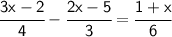 \sf \cfrac{3x-2}{4}-\cfrac{2x-5}{3}=\cfrac{1+x}{6}