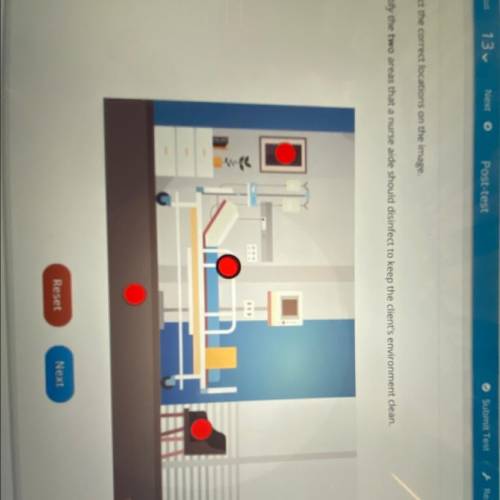 Select the correct locations on the image.

Identify the two areas that a nurse aide should disinf