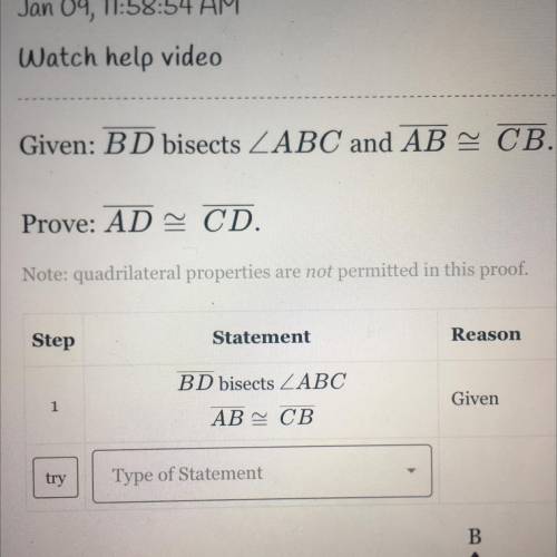 Given : BD bisects ABC and AB CB
Prove : AD CD
