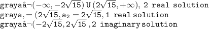 \tiny\tt \color{gray}a€( -  \infty , - 2 \sqrt{15} ) \: U \:  (2 \sqrt{15},+  \infty ), \: 2 \:  \: real \:  \: solution \\  \tiny \tt \color{gray}a, = (2 \sqrt{15} , a_{2}= 2 \sqrt{15} ,1 \:  \: real \: solution  \:  \:  \:  \:  \:  \:  \:  \:  \:  \:  \:  \:  \:  \:  \: \:  \\  \tt \tiny \color{gray}a€( - 2 \sqrt{15}  ,2 \sqrt{15} \:  ,2  \:  \: imaginary \: solution \:  \:  \:  \:  \:  \:  \:  \:  \:  \:  \:  \:  \:  \:  \: