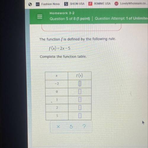 The function f is defined by the following rule.
f(x) = 2x-5
Complete the function table.