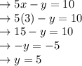 \rightarrow 5x-y=10\\\rightarrow 5(3)-y=10\\\rightarrow 15-y=10\\\rightarrow -y=-5\\\rightarrow y=5