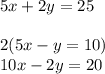 5x+2y=25\\\\2(5x-y=10)\\10x-2y=20