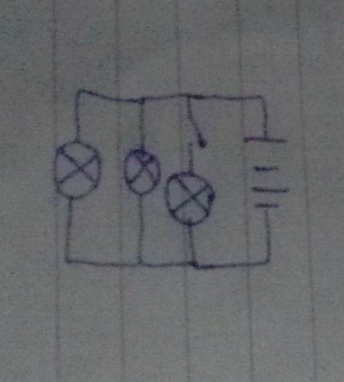 13. Draw a parallel circuit containing 3 lamps, a switch that controls one lamp, a battery composed