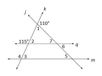 Assume line q is parallel to line m. Choose from the drop-down menus to solve for m∠6: