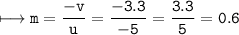 \\ \tt\longmapsto m=\dfrac{-v}{u}=\dfrac{-3.3}{-5}=\dfrac{3.3}{5}=0.6