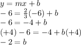 y=mx+b\\-6=\frac{2}{3}(-6)+b\\-6=-4+b\\(+4)-6=-4+b(+4)\\-2=b