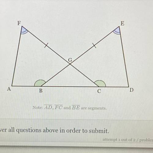 Given: segment FG is congruent to segment GE, Angle ABG is congruent to Angle DCG and Angle F is co