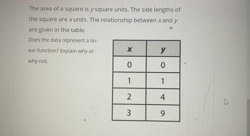 The area of a square is y square units. The side lengths of

the square are x units. The relations