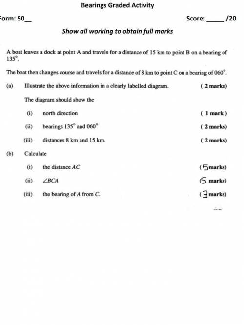 A boat leaves a dock at point a and travels for a distance of 15km to point B of a bearing of 135