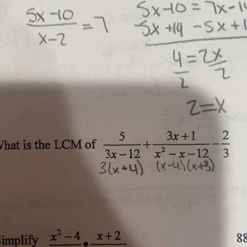 What is the LCM of 5/(3x-12), (3x+1)/(x^2-x-12),2/3