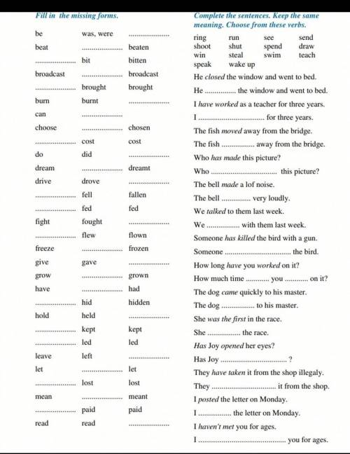 Fill in the missing forms.

Complete the sentences. Keep the same meaning. Choose from these verbs