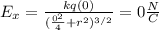 &#10;E_x =\frac{kq(0)}{(\frac{0^2}{4} + r^2)^{3/2}} = 0 \frac{N}{C}