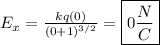 &#10;E_x =\frac{kq(0)}{(0 + 1)^{3/2}} = \boxed{0 \frac{N}{C}}