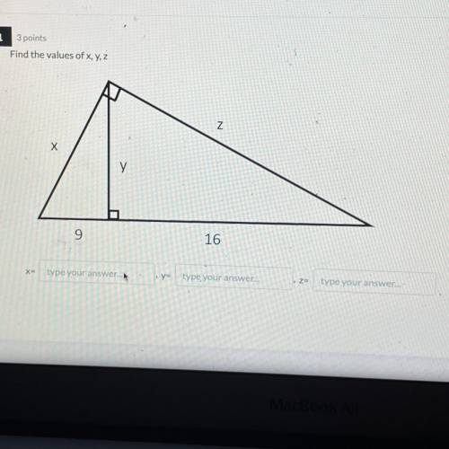 21 3 points
Find the values of x, y, z
N
X
у
9
16