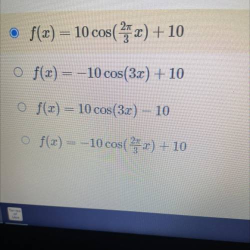 A cosine function has a period of 3, a maximum value of 20, and a minimum value of 0 the function o