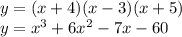 y = (x + 4)(x - 3)(x + 5) \\ y =  {x}^{ 3 }   + 6 {x}^{2 }   - 7 x - 60