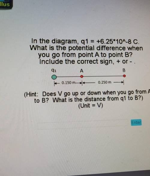 In the diagram, q1=+6.25 * 10^ -8 C. What is the potential difference when you go from point A to p