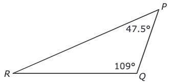 In triangle PQR shown below, what is the measure of angle R in degrees