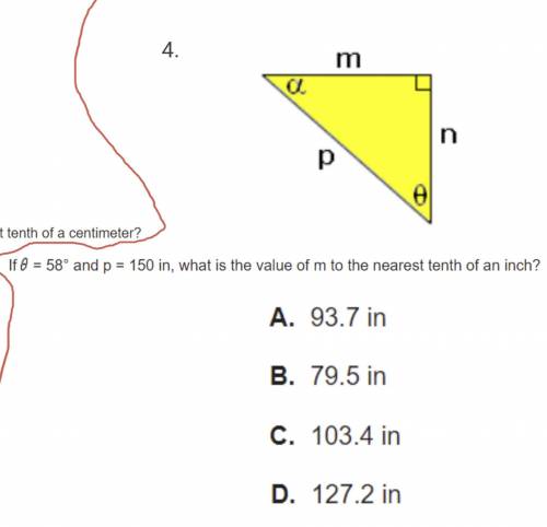If 0=50 and p=150 in, what is the value of m to the nearest tenth of an inch?