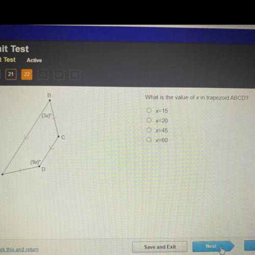 HELPPPP !!! What is the value of x in trapezoid ABCD?
O xE15
O X20
O X=45
O x=60