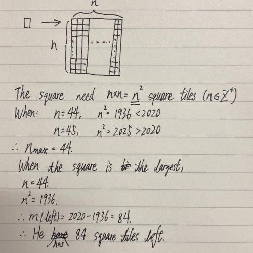 Raju has 2020 one-centimetre square tiles. He

makes the largest square possible using some of t
20