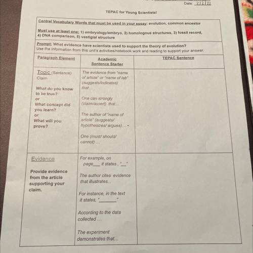 TEPAC for Young Scientists!

Central Vocabulary Words that must be used in your essay: evolution,