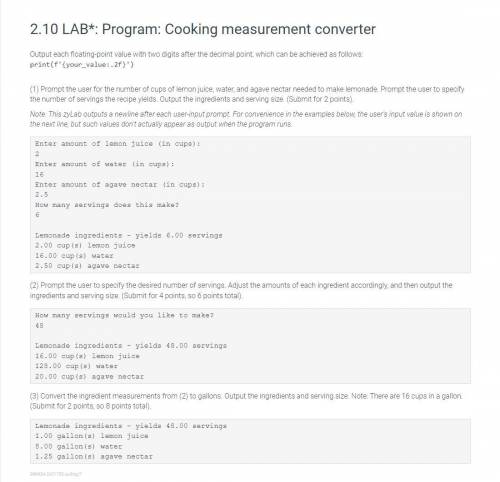 2.10 LAB*: Program: Cooking measurement converter

Attached is the instructions and my code. When