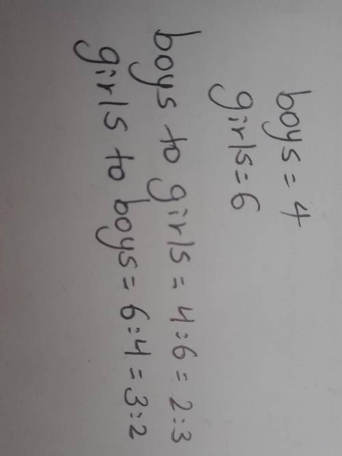 If there are 4 boys and 6 girls write each of the following as a ratio: boys to girls and girls to p