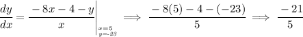 \left. \cfrac{dy}{dx}=\cfrac{-8x-4-y}{x} \right|_{\stackrel{x=5~}{\textit{\tiny y=-23}}}\implies \cfrac{-8(5)-4-(-23)}{5}\implies \cfrac{-21}{5}