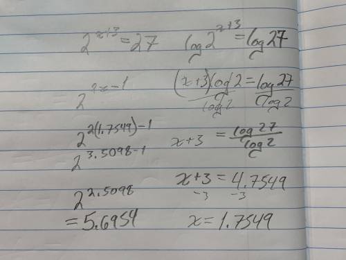 What is 2^(2x-1) if 2^(x+3)=27