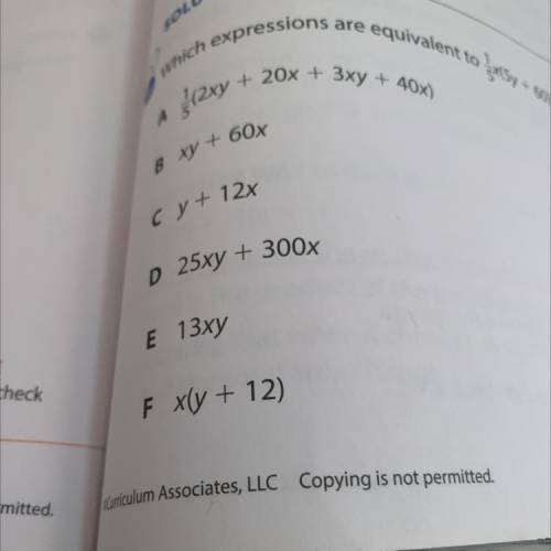 Which expressions are equivalent to 1/5x(5y + 60)? select all that apply.