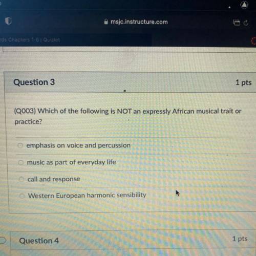 Which of the following is NOT an expressly African musical trait or

practice?
emphasis on voice a