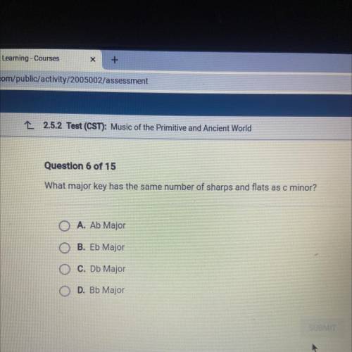 What major key has the same number of sharps and flats as c minor?

O A. Ab Major
O B. Eb Major
O