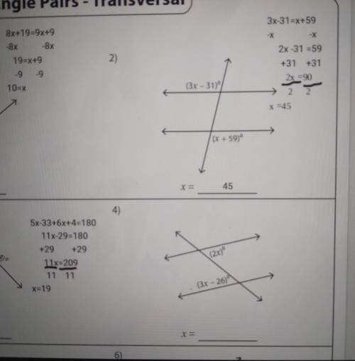 I need help doing angle pairs transversal in 2 step equation there's some examples I need help in 4