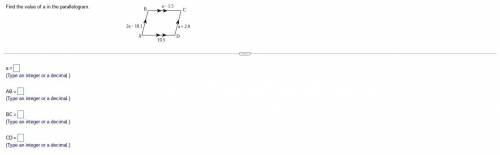 Find the value of a in the parallelogram. (a, AB, BC, CD, AD). Pls show work