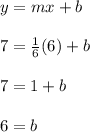 y=mx+b\\\\7=\frac{1}{6}(6)+b\\\\7=1+b\\\\6=b