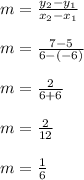 m=\frac{y_2-y_1}{x_2-x_1}\\ \\m=\frac{7-5}{6-(-6)}\\ \\m=\frac{2}{6+6}\\ \\m=\frac{2}{12}\\ \\m=\frac{1}{6}