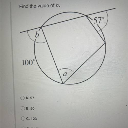 Find the value of b.
A 57
B 50 
C 123
D 61.5