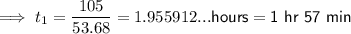 \implies t_1=\dfrac{105}{53.68}=1.955912... \textsf{hours}=\textsf{1 hr 57 min}