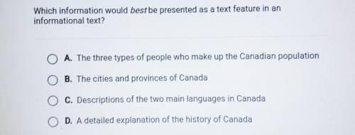 Which information would best be presented as a text feature in an informational text? O A. The thre